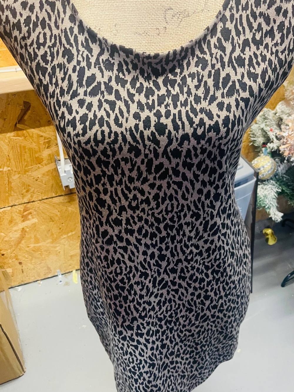 Nine West Black and Taupe Leopard-Print Scoop Neck Dress